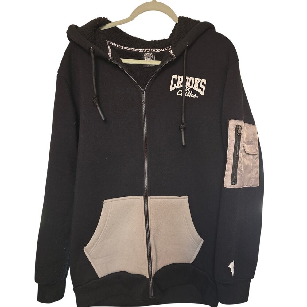 Crooks & Castles Men's XL Sherpa Lined Full Zip Hoodie Black Gray NWOT NEW